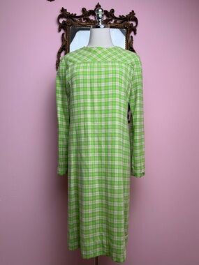 True Vintage 60s 70s Green Cream Plaid Pattern Mod Long Sleeve Dress